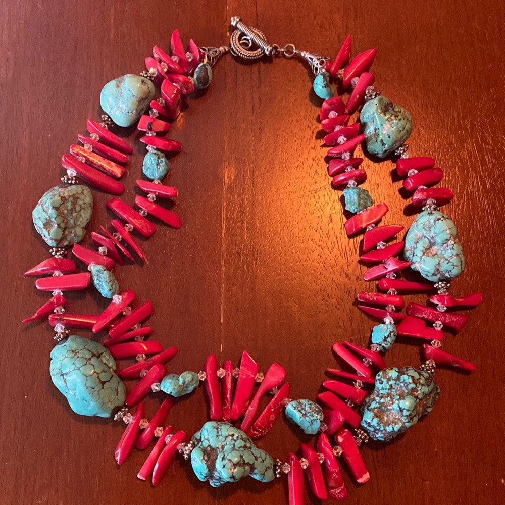 RARE vintage 90’s TURQUOISE & RED CORAL sterling silver double strand necklace
